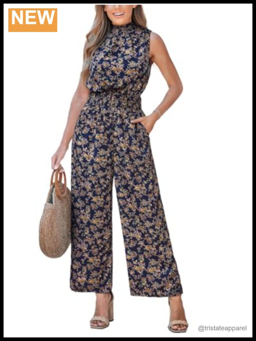Floral Mock Neck Sleeveless Wide Leg Jumpsuit with Pockets